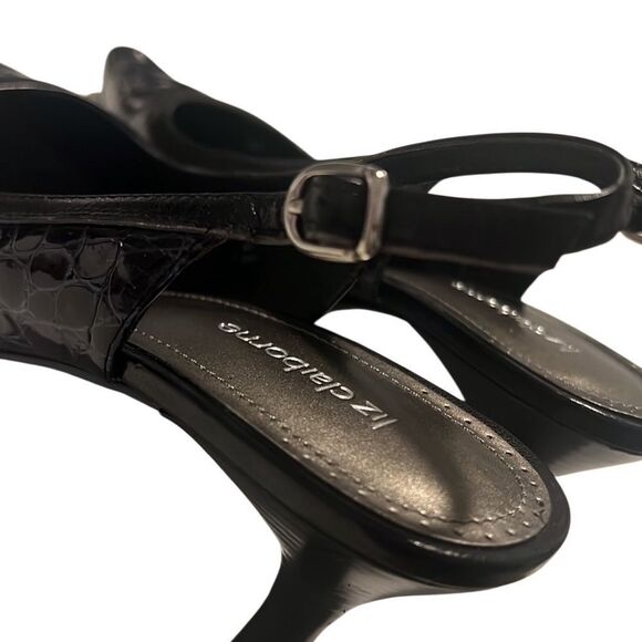 Liz Claiborne Bea Dark Blue Patent Leather Croc Embossed Slingback Heels Size 8 - Picture 4 of 10